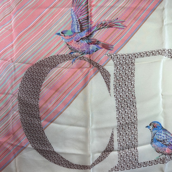 Vintage Christian Dior Silk Scarf Ivory Stripes and Birds Monogram - Picture 8 of 12